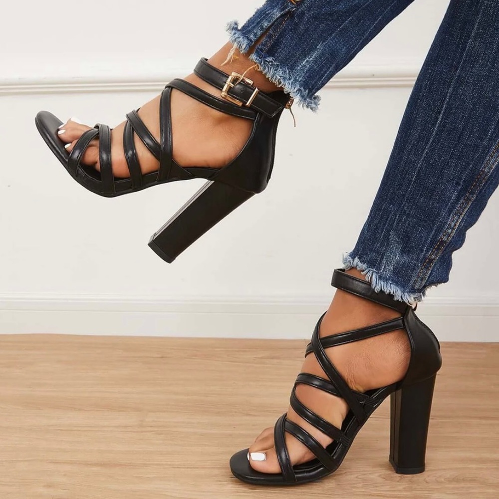 Black Tinstree Criss Cross Chunky Block High Heels Ankle Strap Sandals
